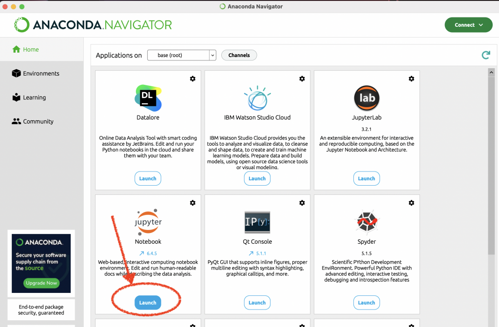 Once you install and open Anaconda on your computer, find "Notebook" on the list of apps and click Launch button 