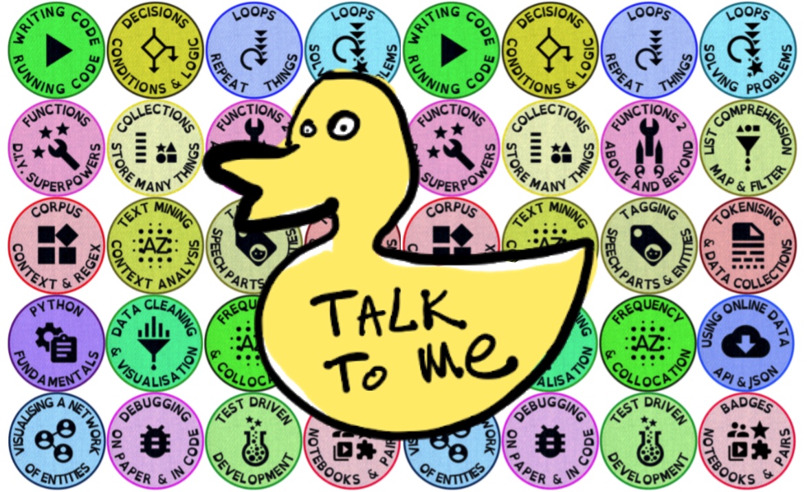 image of a rubber duck with words 'Talk to Me' written on it. In the background are icons of all the badges.